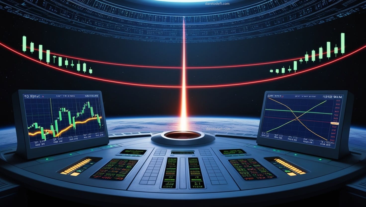 Moonlit circuitry ripples across the command deck as StrataTrader’s starship drifts.