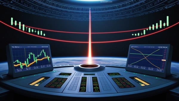Moonlit circuitry ripples across the command deck as StrataTrader’s starship drifts.