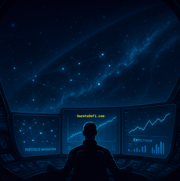 A lone pilot (StrataTrader) sits at the helm of a futuristic command deck, illuminated by glowing blue data streams and constellations of portfolio metrics. 